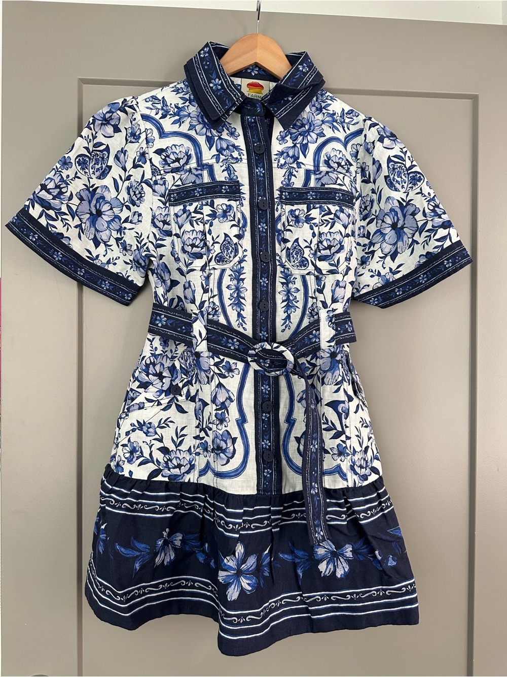 NWT Farm Rio Blue & White Floral Button-Front Belted Dress - Sz M - Picture 3 of 6